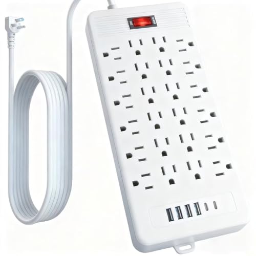30-in-1 Power Strip with Overload Protection, 24 AC Outlets, 4 USB Ports, 2 Type-C Ports - Wall-Mountable, 5ft/10ft Extension Cord, Flat Plug, Ideal for Office, Home, Factory, School (White, 10FT) - color: White, size: 10FT