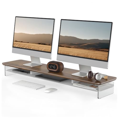 Fenge 42.5" Dual Monitor Stand with Clear Acrylic Legs, Brown | Clear Acrylic, Storage Compartment, 2-tier Home Office Monitor Riser, Wide Large Desktop Shelf Fit Monitor/Laptop/Printer - color: Brown, size: 42.5in