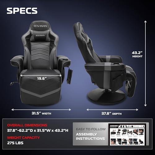 Respawn 900 Gaming Recliner Chair with Footrest, Cup Holder and Swivel | Ergonomic gaming recliner with footrest, cup holder, lumbar support, 135° recline & 360° swivel for console gaming - color: Grey