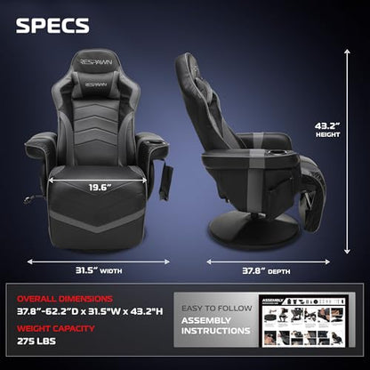 Respawn 900 Gaming Recliner Chair with Footrest, Cup Holder and Swivel | Ergonomic gaming recliner with footrest, cup holder, lumbar support, 135° recline & 360° swivel for console gaming - color: Grey