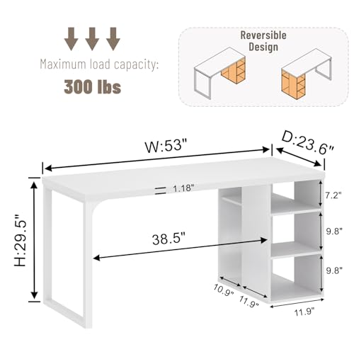 EXCEFUR White Computer Desk with Storage Shelves, Modern Home Office Desk, Reversible Wood and Metal Writing Study Table Workstations for Living Room Bedroom, 53 Inch - color: White
