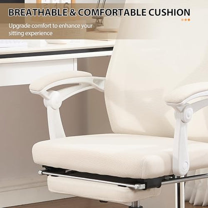 Qulomvs Ergonomic Office Chair with Massage&Heated Lumbar Support, Kneading Massage Office Chair with Foot Rest, Reclining Home Office Desk Chair Adjustable Mesh Computer Desk Chair with Wheels - color: Beige With Massager