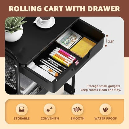 3 Tier Rolling Cart with Drawer, Metal Rolling Utility Cart on Wheels with Pegboard, Art Cart Storage Organizer with Tabletop for Living Room, Office, Bedroom (Black) - color: Black