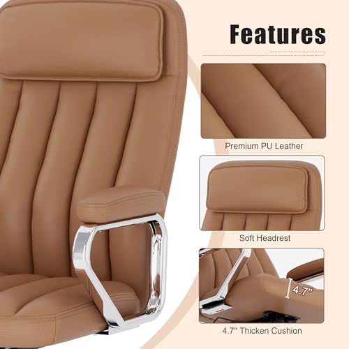 Okeysen Executive Office Chair, Modern Leather Chair with Headrest & Lumbar Support, High Back Ergonomic Chair with Padded Armrests & Seat, Height Adjustable Swivel Rolling Chair for Home Office. - color: Brown