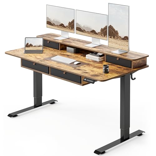 FEZIBO 60 x 30 inch Standing Electric Desk with Drawers, Rustic Brown | Height Adjustable Workstation, Computer Sit Stand Up Office Table with Large Storage Shelf, 4 Drawers and 2 Hooks - color: Rustic Brown, size: 60 inch without Keyboard Tray
