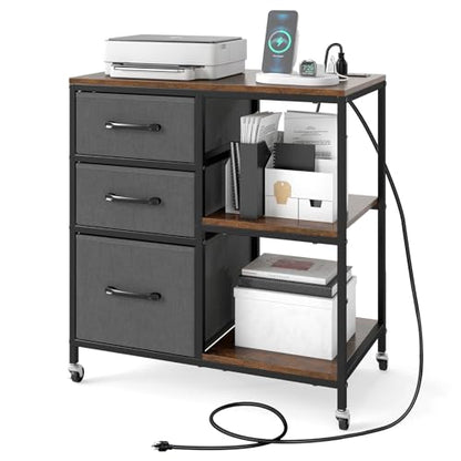 GOFLAME 3 Drawer Mobile File Cabinet with Charging Station, Rolling Printer Stand with Open Storage Shelves, Wooden Storage Cabinet on Wheels for Home Office (Rustic Brown and Gray) - color: Rustic Brown and Gray