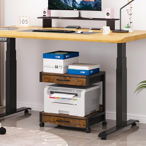 VENNQD 2-Tier Desktop Printer Stand with 2 Fabric Drawers, Prtiner Table with Storage Shelf, Desk Organizer for Home Office,3D Printer,Fax Machine,Scanner (Brown, 2 Tier) - color: Brown
