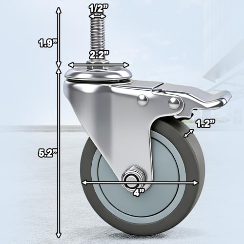 4 Inch Brake Stem Casters 1/2"-13x1-1/2, TPR Swivel Stem Wheel 4 Pack | Replacement Caster Wheels Heavy Duty for Wire Shelving Racks - size: 4 Inch - (1/2"-13 x 1.5")