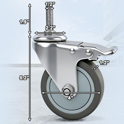 4 Inch Brake Stem Casters 1/2"-13x1-1/2, TPR Swivel Stem Wheel 4 Pack | Replacement Caster Wheels Heavy Duty for Wire Shelving Racks - size: 4 Inch - (1/2"-13 x 1.5")