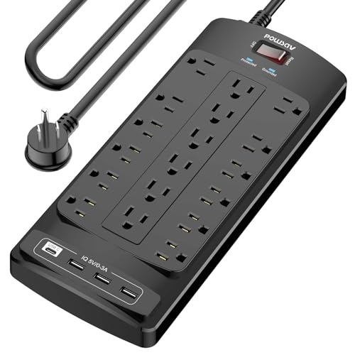 18 Outlets Surge Protector Power Strip - 10 Feet Flat Plug Heavy Duty Extension Cord with 18 Widely Outlets and 4 USB Ports, 2100 Joules, Black, ETL Listed - color: Black, size: 10 Ft