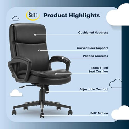 Serta Executive Office Chair with Lumbar Support, Fixed Arms Leather Chair - color: Black Bonded Leather