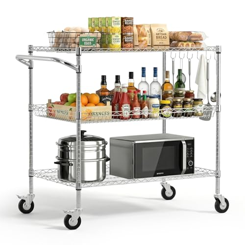 VEVOR Kitchen Utility Cart, 3 Tier Heavy Duty Adjustable Wire Storage Rack, Commercial Steel Rolling Service Trolley on Wheels, Work Table with Handle Bar, for Garage and Laundry Room, 40x25x40.9 in - size: 25"D × 40"W × 40.9"H