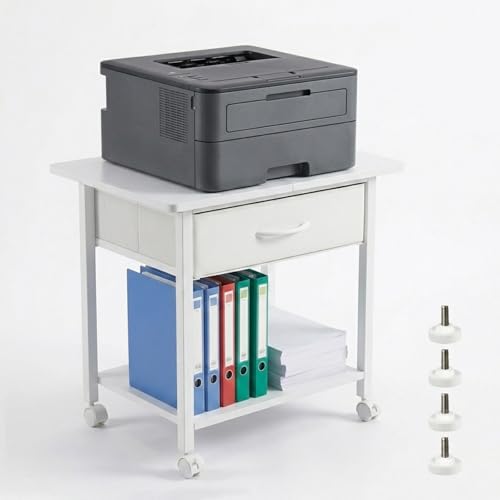 22" x 15" Under Desk Rolling Printer Stand, 2-Tier Industrial Mobile Printer Table with Strong Fabric Drawer, Storage Shelf, Steel Frame and Lockable Wheels, Printer Cart for Home Office (White) - color: White