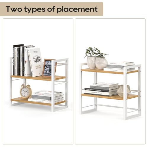 Office Desk Shelf Organizer, Wood Desktop Bookshelf Supplies Storage Rack, Shelf for Top of Desk and Dresser (White-2 Tier) - color: White