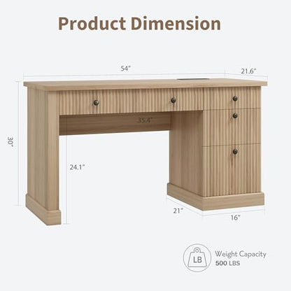 54-Inch Fluted Computer Desk with Drawers and Charging Station - color: Natural, size: 21.6"D x 54"W x 30"H
