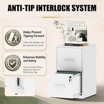 2 Drawer File Cabinet with Lock, 25.6" H Small File Cabinet - color: White, size: 25.6"H - 2 Drawer
