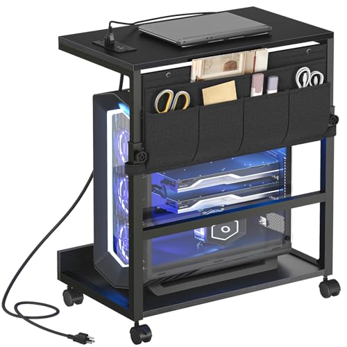 HOOBRO Computer Tower Stand with Charge Station and USB Port, 2-Tier PC CPU Holder Cart for Floor Carpet with Wheels, Adjustable Height, Rolling PC Printer Desktop Under Desk for Home Office,Black BB72UCJ01