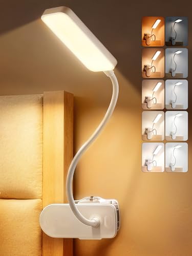 Clip on Lamp, 9 Brightness+5 Colors Reading Lights for Books in Bed Lamp | 4000mAh Battery Clip on Light,450 Lumen Rechargeable Desk Lamp for Dorm Lamp,Book Light for Reading in Bed Headboard/Bedside - color: White
