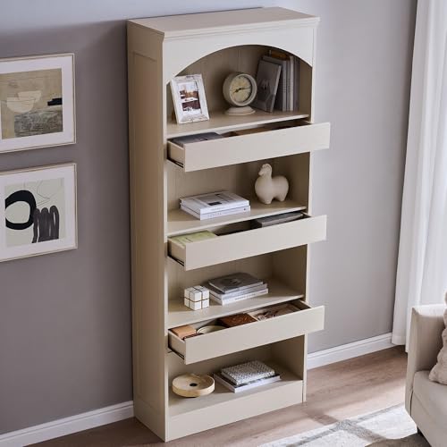 IFGET 76" Tall Arched Bookcase with 1PC Magnetic Lock Drawer, Cream | Modern Wooden Arch Bookshelf w/3 Pull-Out Drawers, Farmhouse 4 Tiers Book Shelf w/Open Shelves for Living Room, Office - color: Cream, size: With Drawers