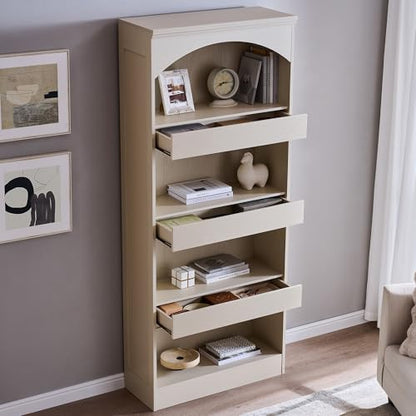 IFGET 76" Tall Arched Bookcase with 1PC Magnetic Lock Drawer, Cream | Modern Wooden Arch Bookshelf w/3 Pull-Out Drawers, Farmhouse 4 Tiers Book Shelf w/Open Shelves for Living Room, Office - color: Cream, size: With Drawers