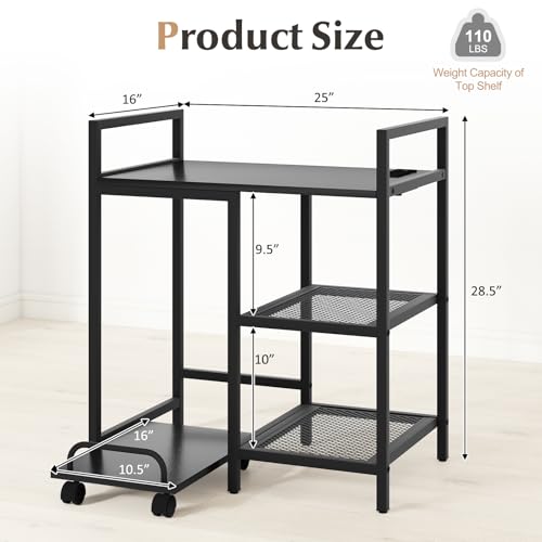 Giantex 3-Tier Printer Stand with Charging Station, 2 Open Storage Shelves, Side PC Stand on Wheels, 25" x 16" Mobile Printer Table for Computer Tower, Printer Shredder, Fax, Under Desk, Home Office - color: Black
