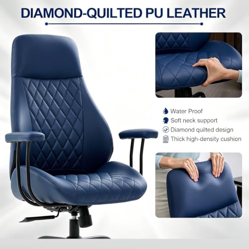 E-Motie Leather Office Chair, Mid Century Modern Desk Chair, Blue - color: Blue