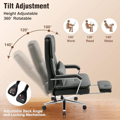 Furniliving Big and Tall Office Chair with Footrest, PU Leather High Back Executive Office Chair with Adjustable Lumbar Support, Wide Seat Reclining Desk Chair with Armrest, Height Adjustment, Grey