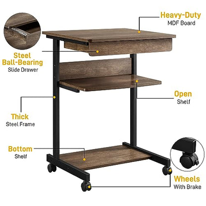 Yaheetech Tiny Mobile Computer Desk,3-Tier Rolling Cart Drawer,Taupe Wood - color: Taupe Wood