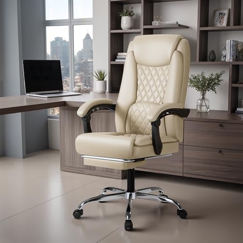 Furmax Office Chair with Footrest Ergonomic High Back Design Executive Computer Desk Chair400lbs, 90-135° Reclining Leather Home Office Desk Chairs Swivel Task Chairs with Wheels (Beige) - color: Beige