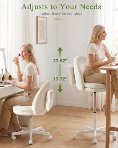 GTPOFFICE Vanity Chair with Back, Adjustable Tall Office Chair High Swivel Bar Stools Fluffy Cute Desk Chair Comfy with Wheels Bow Pillow Armlees for Adults Standing Desk Bar, Teddy Velvet, Cream - color: Tv-cream