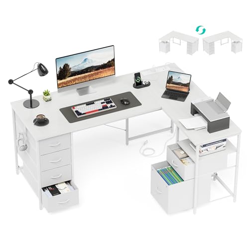 YOUDENOVA 55 Inch L Shaped Office Desk with 6 Drawers & Type-C Port, White - color: White, size: 55 Inch