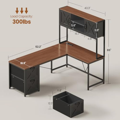 SEDETA Farmhouse Reversible L Shaped Coner Gaming Desk with Drawers, Hutch - color: Black and Brown