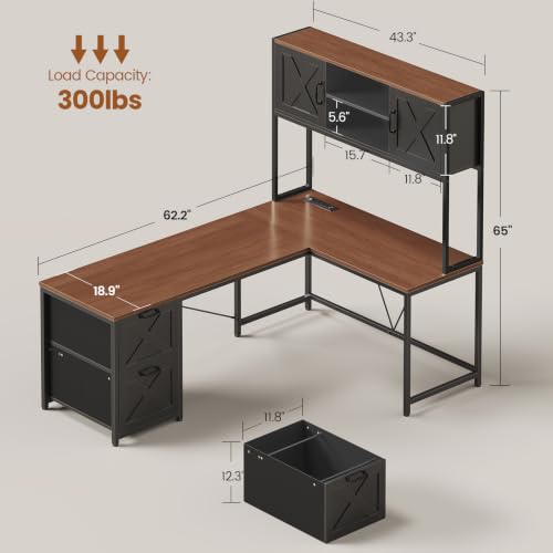 SEDETA Farmhouse Reversible L Shaped Coner Gaming Desk with Drawers, Hutch - color: Black and Brown
