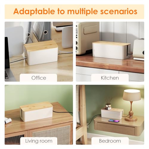 Delamu 2 Pack Cable Management Box Wooden, Wood Box with Lid Safe ABS Cord Hider Box Medium and Small Cable Organizers for Cords, Cable Raceways Power Strip Cover Box Baby Pet Proof for Home Office