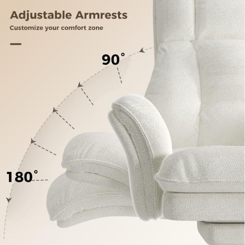 Big and Tall Office Chair, Flip Armrests for Pets & Cross Legged Sitting | Executive Ergonomic Computer Gaming Chair with Foot Rest, Teddy Fleece Wide Seat Reclining Desk Chair, White Vanity Chair - color: White