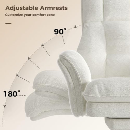 Big and Tall Office Chair, Flip Armrests for Pets & Cross Legged Sitting | Executive Ergonomic Computer Gaming Chair with Foot Rest, Teddy Fleece Wide Seat Reclining Desk Chair, White Vanity Chair - color: White