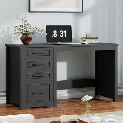 Vabches Farmhouse 49” Executive Desk with File Drawer, Black | 4 Drawers Reversible Computer Desk with Storage, Rustic Home Writing Workstation for Home Office - color: 49in Black
