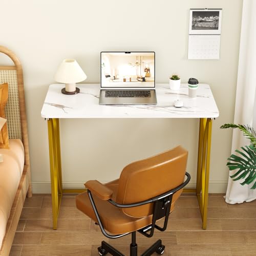 Folding Desk, 31.5" Small Desk for Bedroom, Space Saving Foldable Computer Desk for Home Office, Easy Assembly, White and Gold - size: medium size22