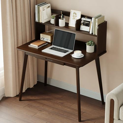 IOTXY Small Writing Desk with Hutch - 39.4" Work Computer Study Table - color: Black Walnut