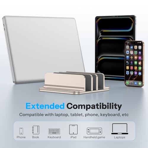 OMOTON 3-Slot Multiple Vertical Laptop Stand, Fits MacBook, Starlight | Adjustable Width 0-1.38", Aluminum Office Space-Saving for Desk, Fits MacBook/Book/iPad Up to 17.3in - color: Three Slots-Starlight