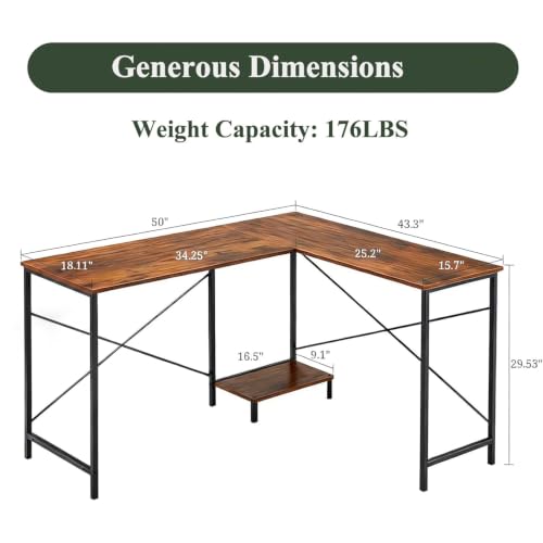L Shaped Desk Computer Desk, 50inch Brown Gaming Desk with CPU Stand - color: Rustic Brown