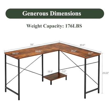 L Shaped Desk Computer Desk, 50inch Brown Gaming Desk with CPU Stand - color: Rustic Brown