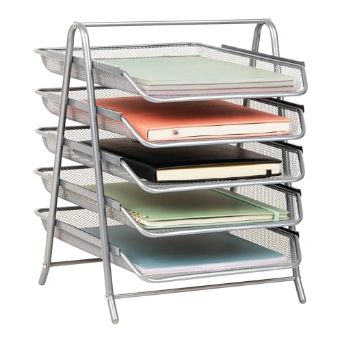 Mind Reader 5-Tier Paper Tray Organizer, Vertical Desktop File Storage Rack, Office, Metal Mesh, Silver - color: Silver, size: 14.5" x 13.8" x 11.5"