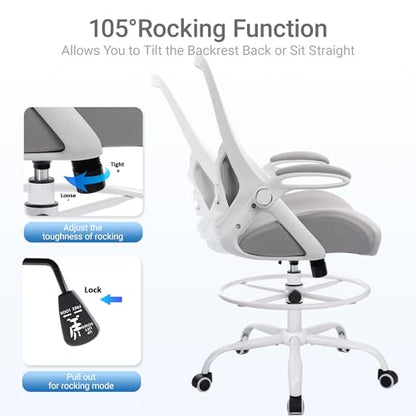 HYLONE 400lbs Heavy Duty Drafting Chair 5" Thickened Seat Office Chair with Flip-Up Armrests Tall Ergonomic Computer Chair with Lumbar Support and Adjustable Footrest Ring Standing Desk Chair (Grey) - color: Grey