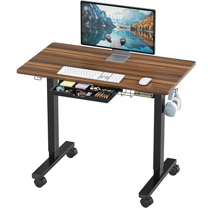 SHW Mobile Electric Height Adjustable Standing Desk w/Drawer, Black | 40" Wide Top | w/ Memory Presets and Cable Management | Drawer with adjustable compartments | Hanging Hooks - color: Walnut