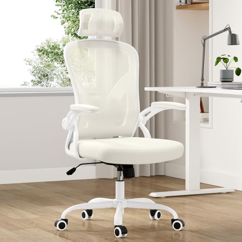 Farini Ergonomic Office Chair, Home Office Desk Chair with Headrest, High Back Swivel Computer Chair with Armrests and Adjustable Lumbar Support for Home Office Study Room, White & Beige - color: White Beige, size: Set of 1