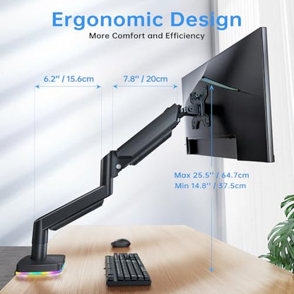 RGB Single Monitor Stand, Gas Spring Monitor Arm with 3 USB Ports, Charging and USB Data Transfer Function, Desk Mount for 13"-32" Monitors up to 19.8lbs, Adjustable Height, Tilt, Swivel, Rotate