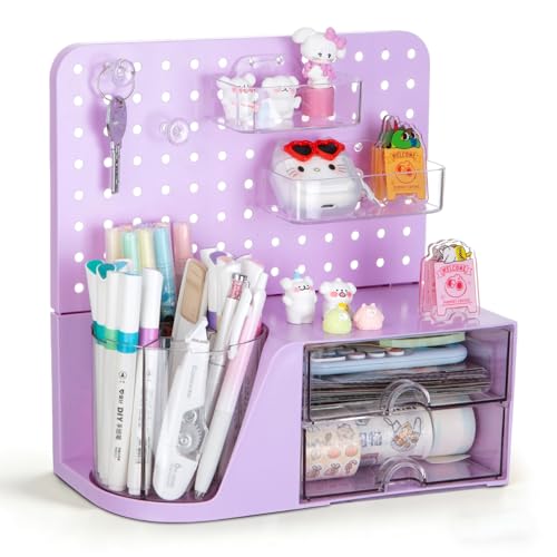 Comix Desk Organizer with 2 Drawer, Purple 360 Rotating Pen Holder for Desk | Desk Organizers and Accessories with 5 Slots Pencil Holder+Pegboard+Drawer, Pen Organizer for Home School Art Office Supplies - color: Purple