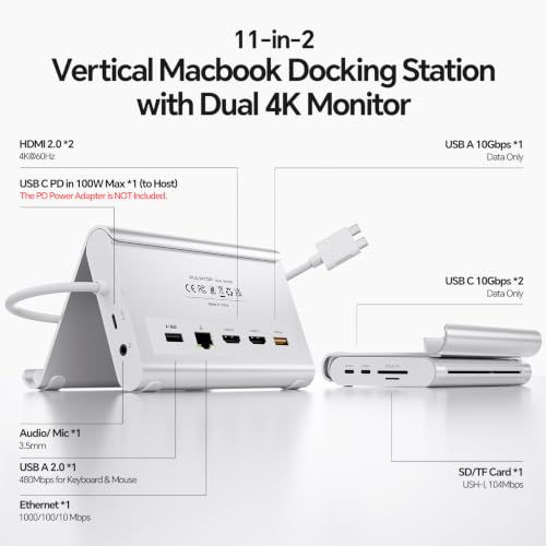 11-in-2 USB C Docking Station Dual Monitor 4K@60Hz for for M5/M4/M3 Pro/Max | PULWTOP MacBook Docking Station with 2 HDMI, Vertical Stand Dock, PD, Ethernet, SD/TF, 10Gbps USB A/C, USB 2.0, Audio- Silver - color: Silver