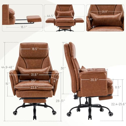Big and Tall Office Chair, Ergonomic Computer Desk Chair with Footrest, Wide Seat Reclining Gaming Chair, Flip Armrests for Cross Legged Sitting, Heavy Duty Support up to 400LBS, PU, Brown - color: Brown
